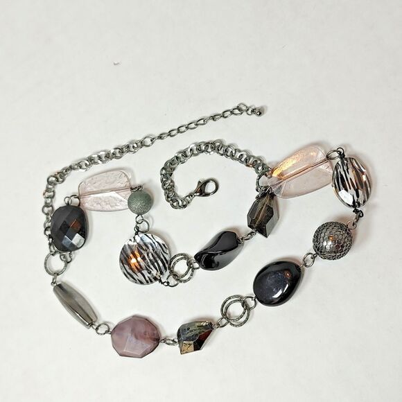 Gunmetal Chain Statement Necklace Zebra Print Beads Faceted Artisan 17" - 19" - Picture 14 of 14